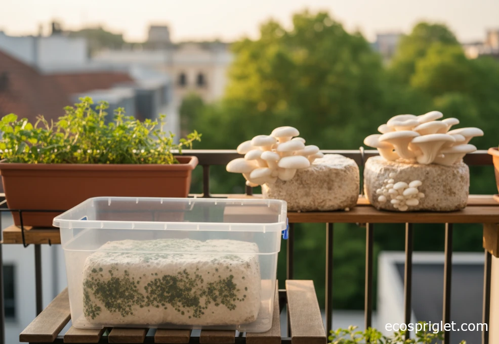 Contaminated mushroom block with green mold inside a clear tote, separate from healthy grow blocks on a terrace shelf.