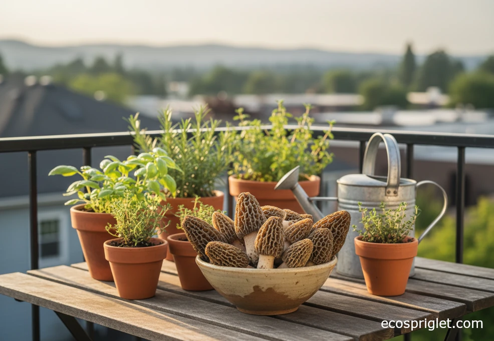 Close-up of fresh morel mushrooms in a small bowl on a rustic balcony table next to potted herbs.