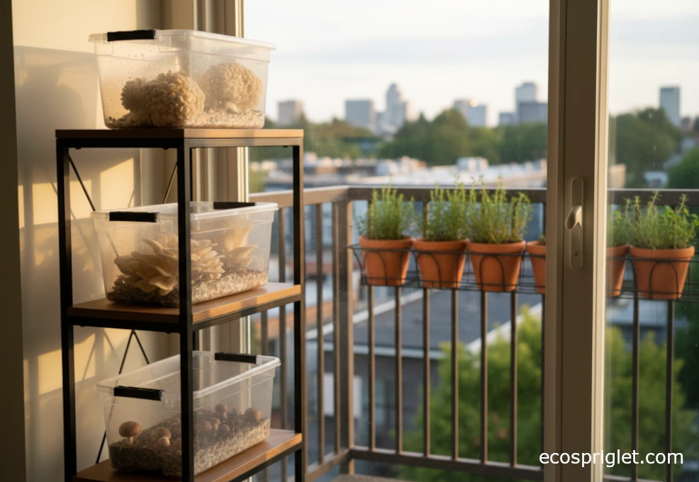 Small indoor shelving unit with multiple mushroom varieties fruiting in clear tubs beside potted herbs on a balcony.