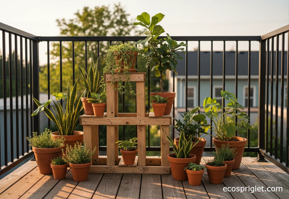 Handmade wood plant stand with mixed houseplants on a small urban terrace at golden hour.