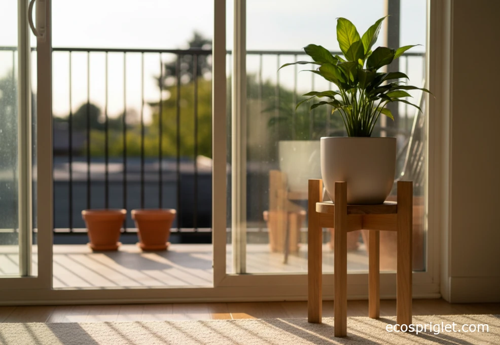 Minimal mid-century style DIY wood plant stand with a single houseplant by a window.