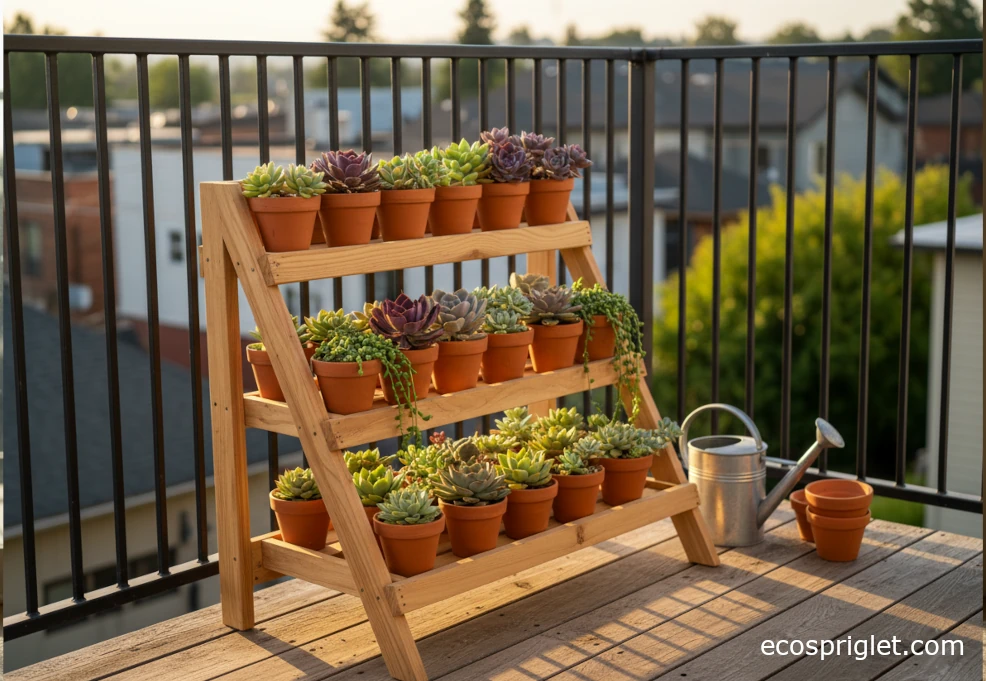 Narrow tiered outdoor wood plant stand with rows of succulents on a small balcony.