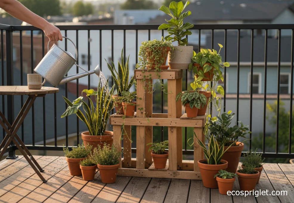 Multi-level DIY plant stand with freshly watered pots on a sunny small terrace.