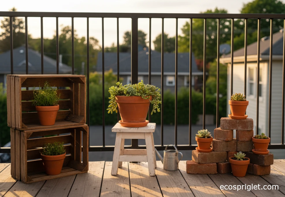 Improvised plant stands made from crates, stools, and bricks holding pots on a small terrace.