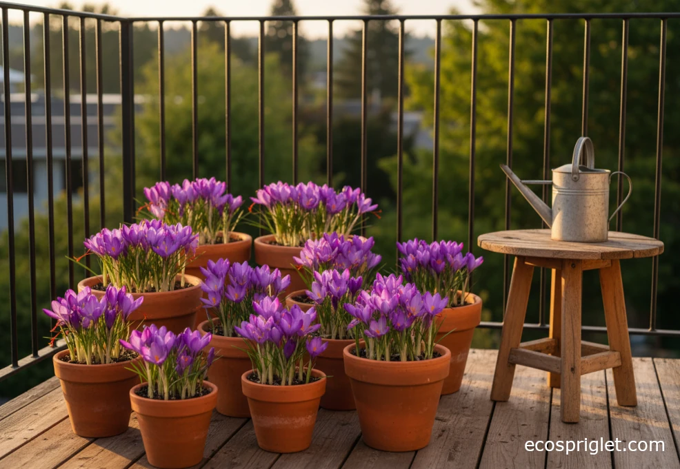 Terracotta pots of saffron crocus in purple bloom with red stigmas on a small city terrace.