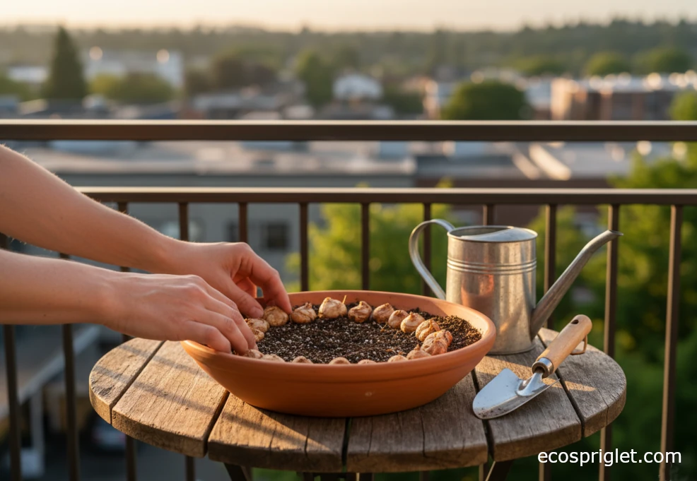 Terracotta pot on a small balcony table filled with soil and saffron corms ready for planting.