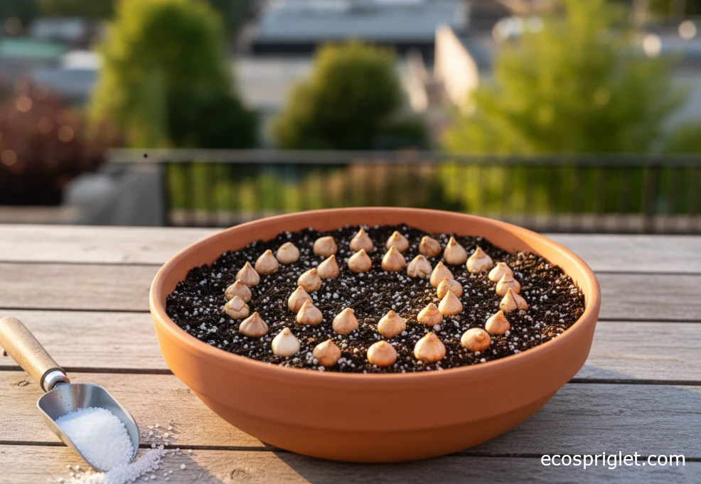 Overhead view of saffron corms arranged in circles in a terracotta pot filled with soil.