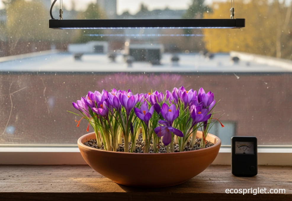 Saffron crocus blooming in a terracotta pot