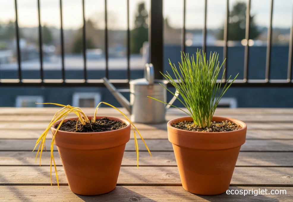 Comparison of a waterlogged pot with yellowing saffron leaves and a healthy well-drained pot on a balcony.