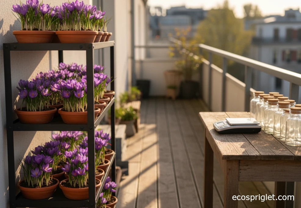 Multiple trays of saffron crocus on a balcony shelf beside a kitchen scale and empty spice jars.