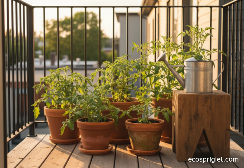 Terracotta pots of tomato plants on a sunlit small balcony