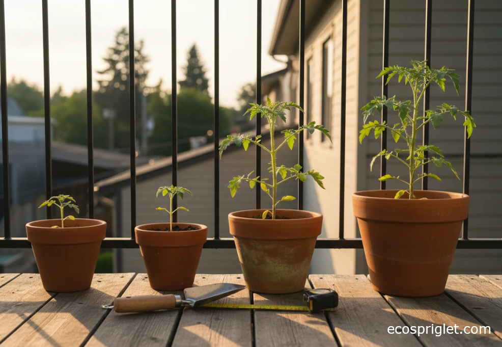 Row of different-sized terracotta pots and small tomato plants