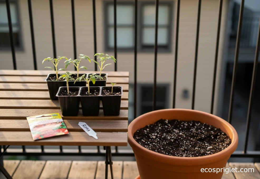 Tomato seedlings in small pots on a balcony table beside a larger prepared container.