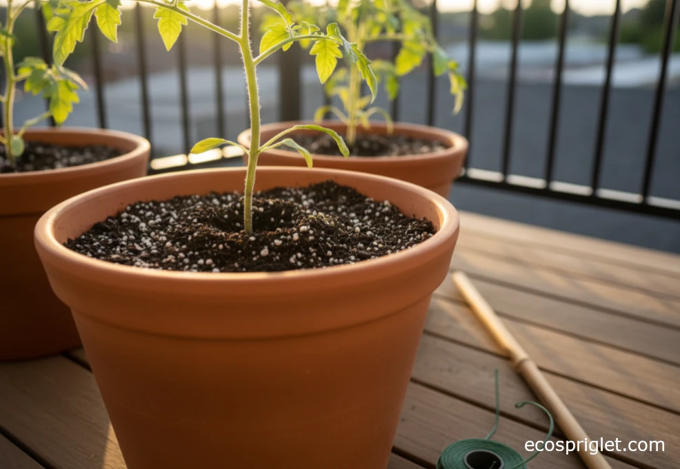 Tomato seedling being planted deeply into a wide terracotta pot with a stake ready beside it.