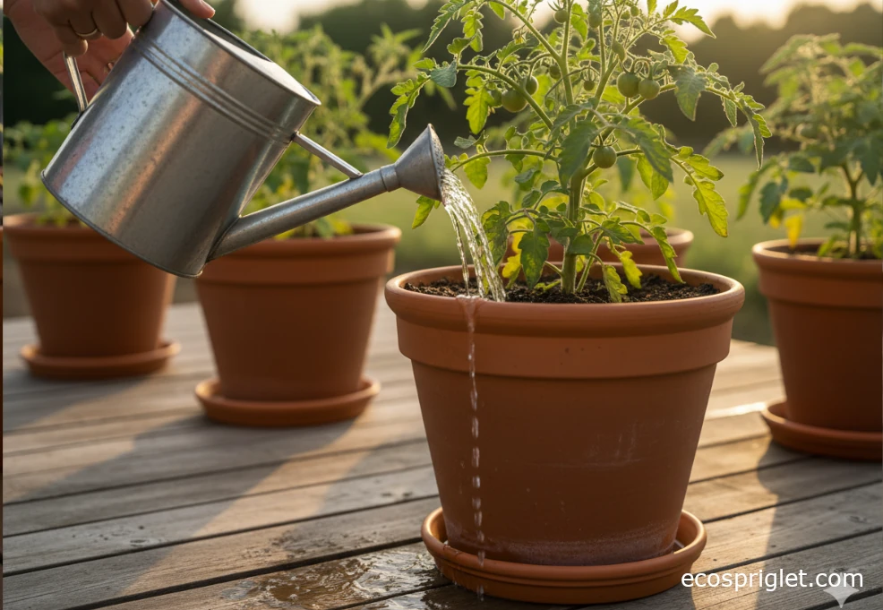 Watering a potted tomato on a balcony