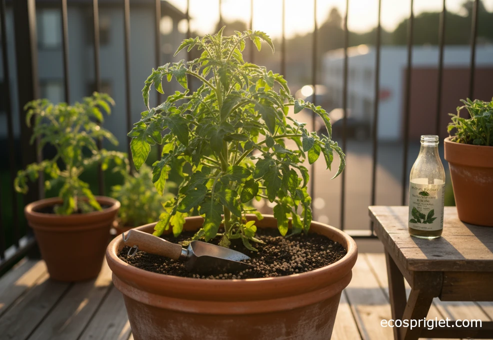 Slow-release fertilizer pellets around a potted tomato on a balcony