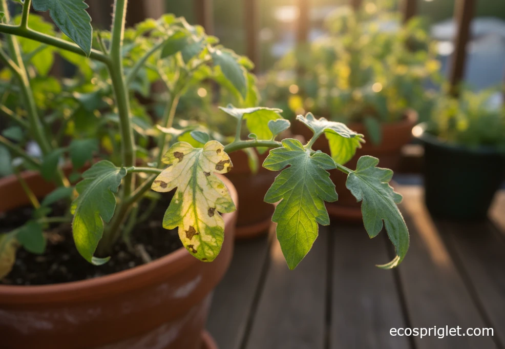Yellowing tomato leaf on a potted plant next to healthy foliage on a balcony.