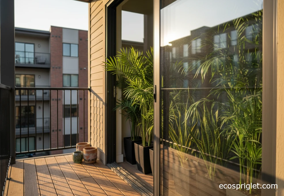 Tall narrow indoor plants in slim black planters forming a green privacy screen by an apartment balcony door.