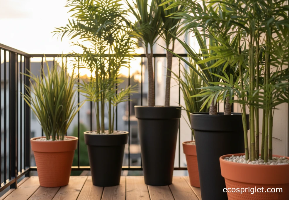 Tall skinny indoor planters with deep soil supporting top-heavy privacy plants on a small terrace.