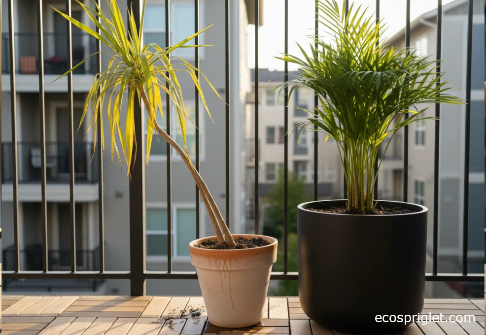 Leaning narrow planter with a stressed tall plant next to a healthy plant in a sturdier container.