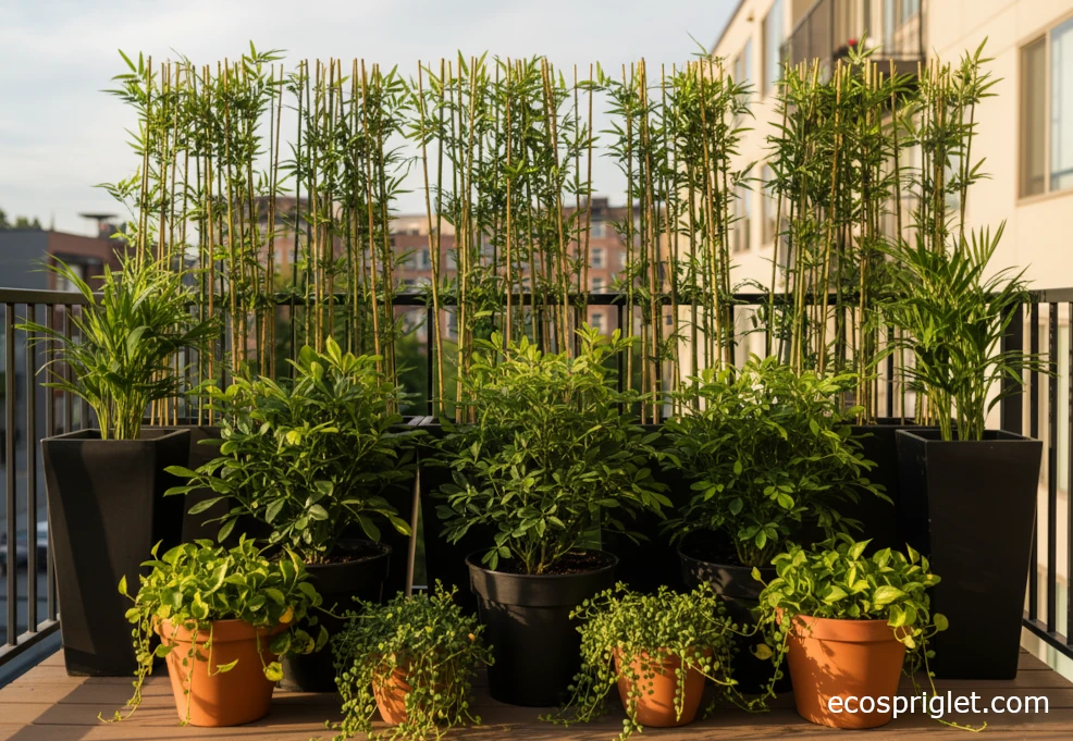 Staggered rows of tall and low plants in slim planters forming a layered privacy wall on a terrace.