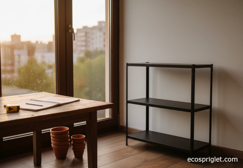Apartment corner with a tape measure, notebook, and empty shelf where a diy indoor greenhouse will be planned.