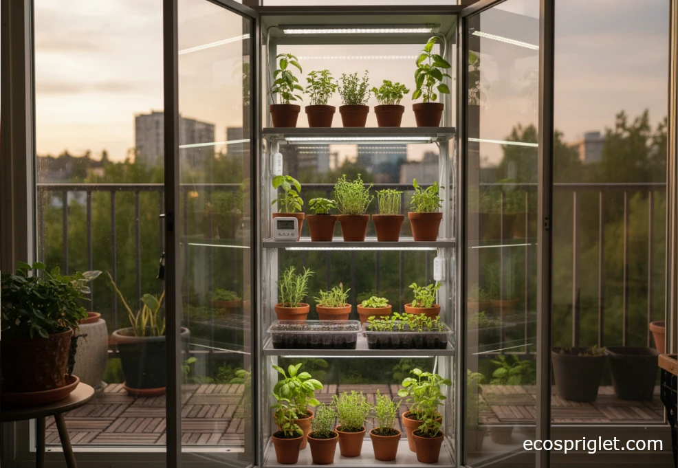 Glass-front diy indoor greenhouse cabinet with terracotta pots and grow lights on multiple shelves.