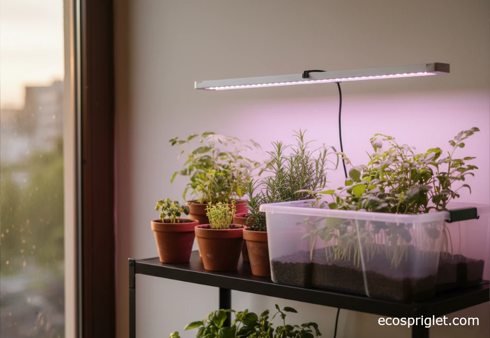 Close-up of seedlings and herbs under LED grow lights inside a small indoor greenhouse.