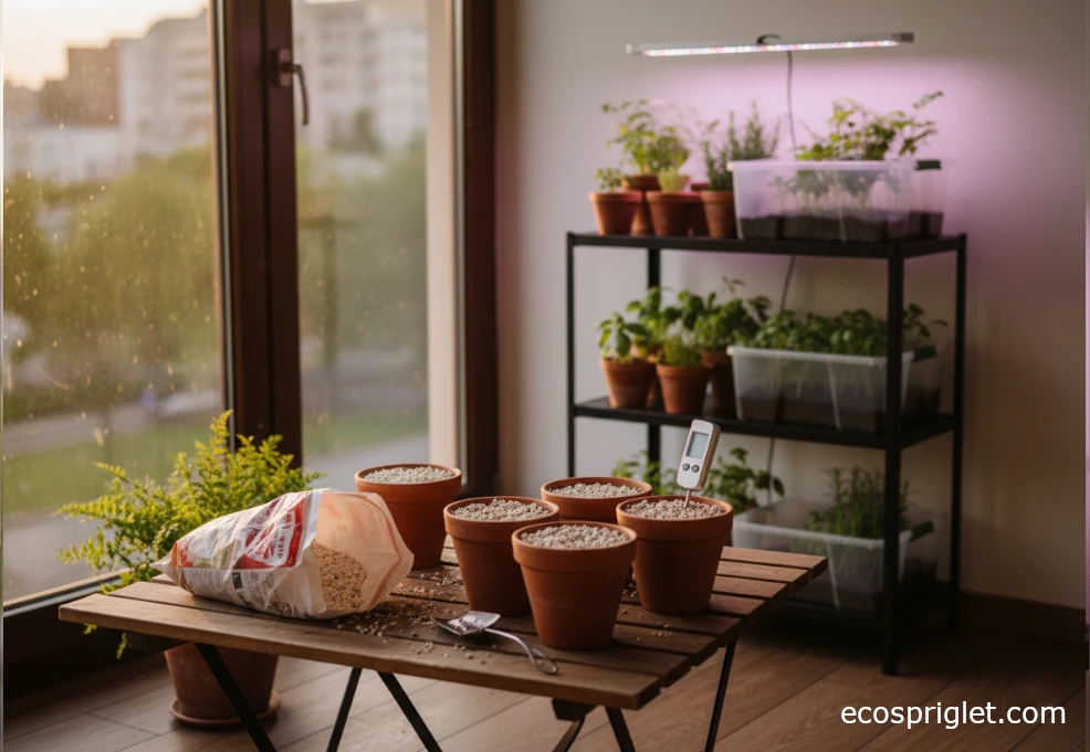 Terracotta pots filled with light, airy potting mix and a moisture meter inside a diy indoor greenhouse.