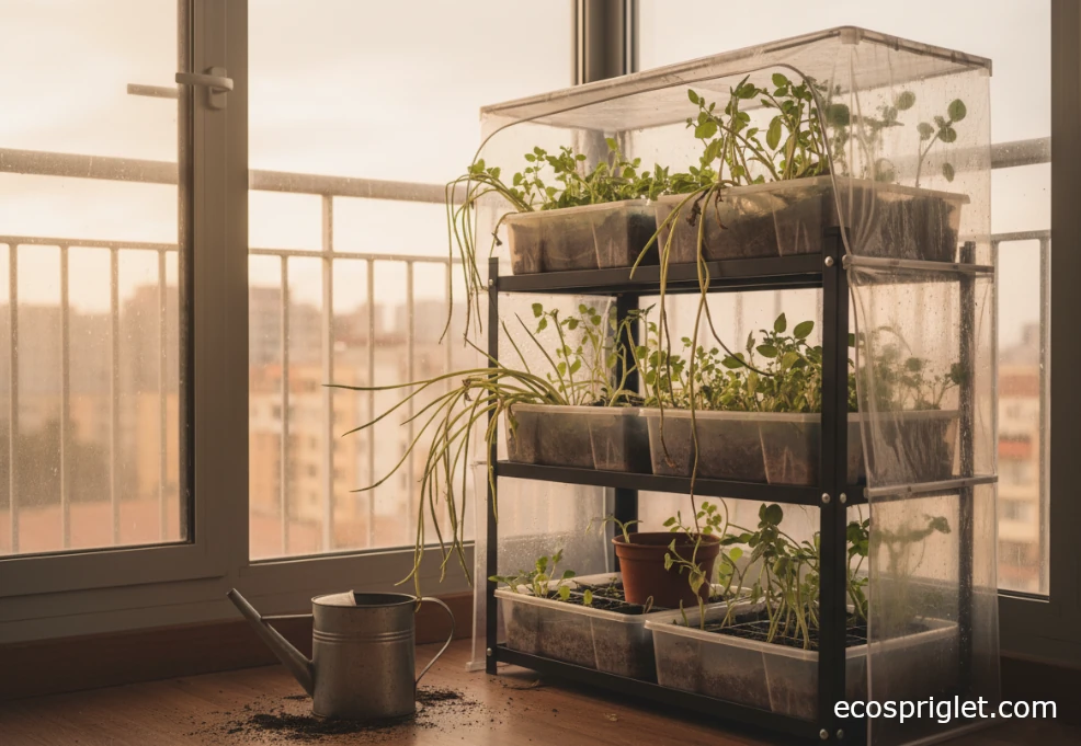 Overcrowded diy indoor greenhouse shelf with leggy seedlings and condensation on the clear panels.