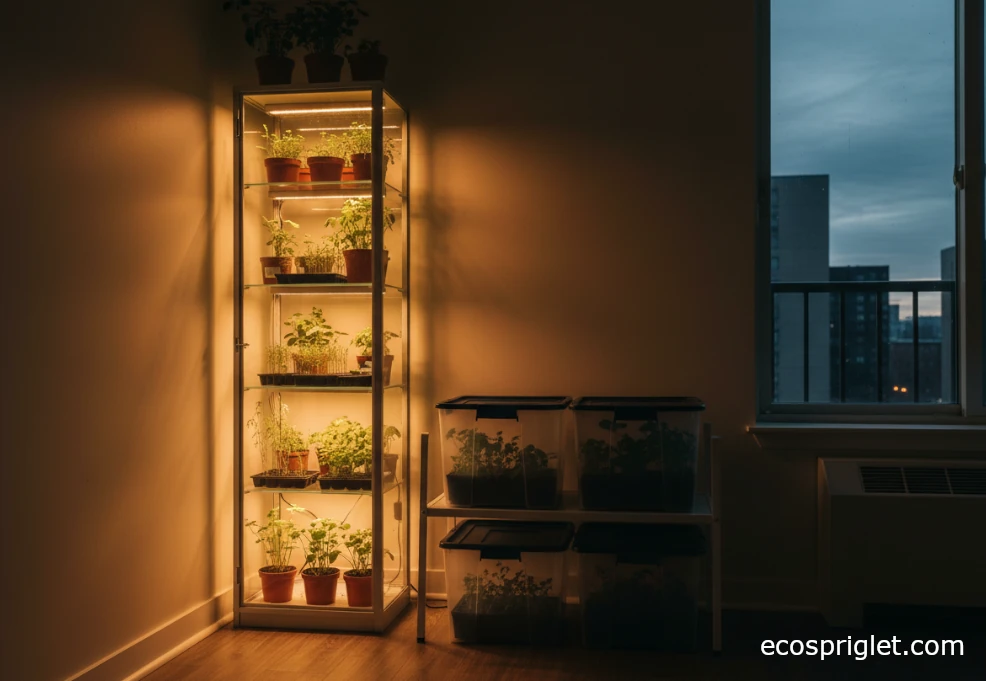 Cozy apartment scene with a glowing indoor greenhouse cabinet and small greenhouse bins on a shelf.