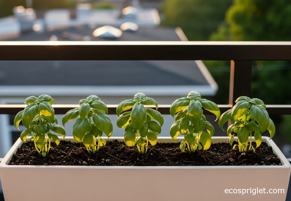 Small basil plants in a balcony planter, each about six inches tall and ready for first harvest.