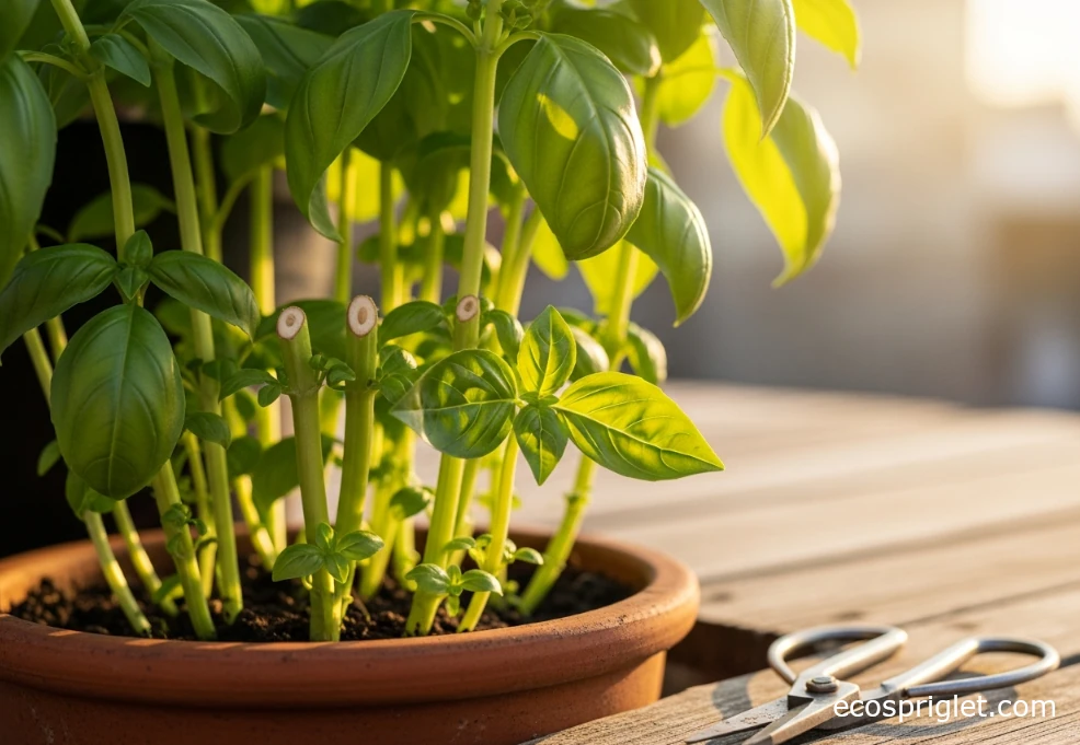 Basil stems trimmed just above a leaf pair in a terracotta pot with pruning shears nearby.