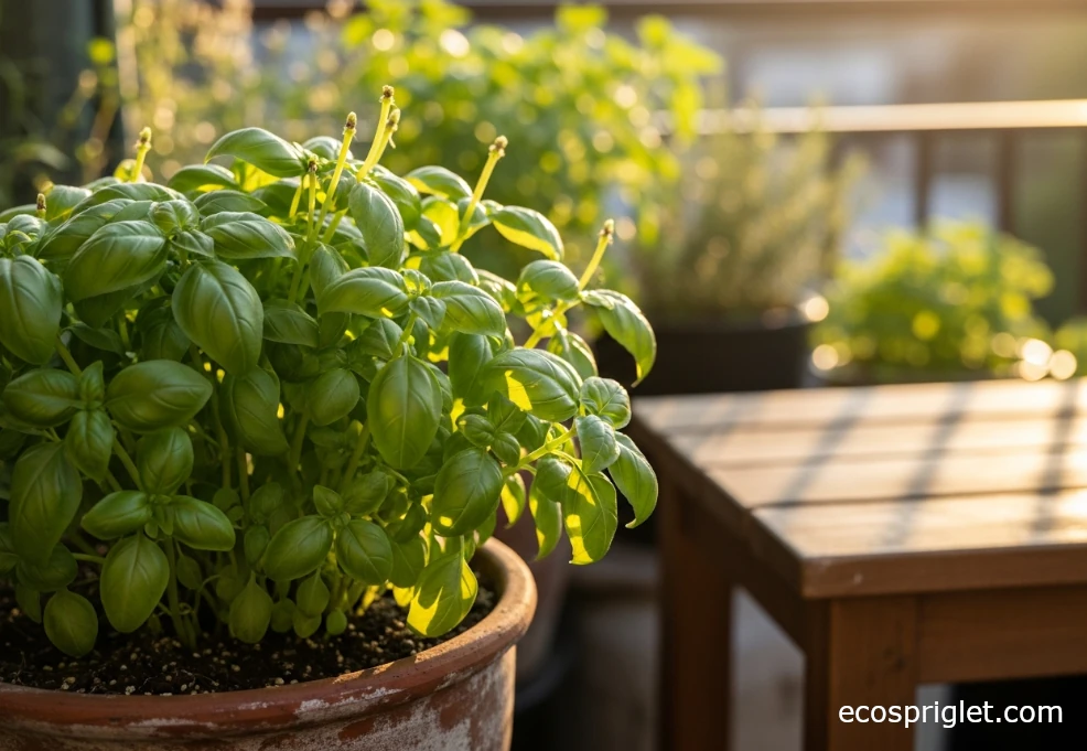 Mature basil plant on a balcony with a few leaf tips removed, still looking full and green.