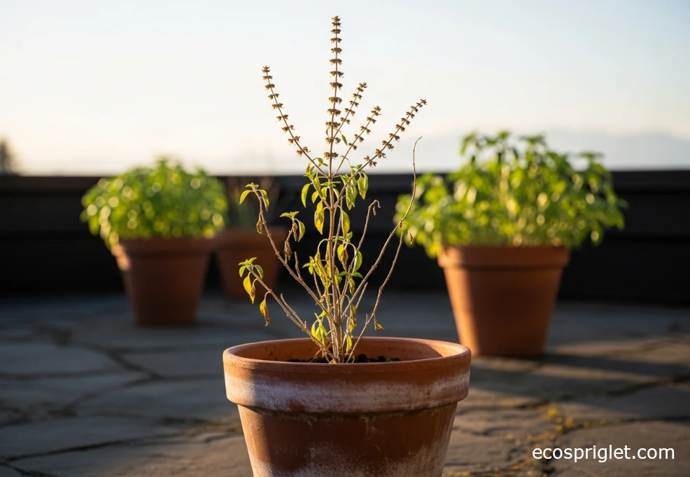 Tall, leggy basil plant with bare lower stems and flowers starting at the top in a balcony pot.