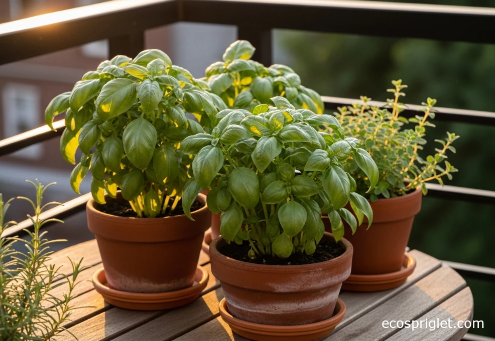 Several bushy basil plants in terracotta pots on a sunny balcony table with tiny flower buds removed.