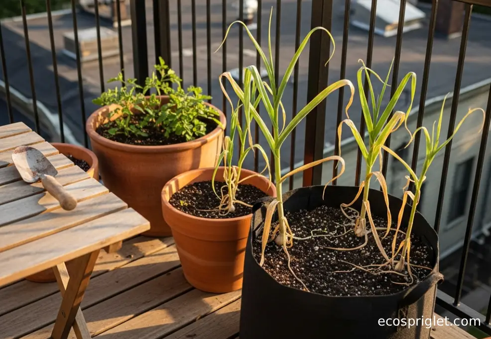 Terracotta pots of garlic with yellowing lower leaves and green upper leaves on a small Portland terrace at golden hour.