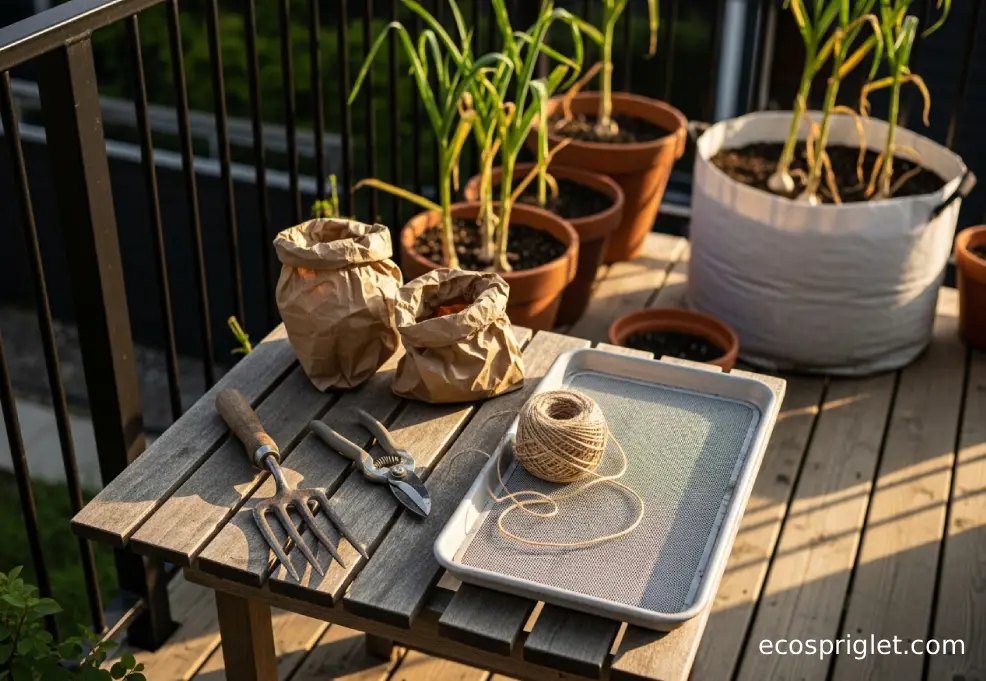 Garden fork, pruners, and mesh drying rack arranged on a small wooden table on a terrace with garlic containers nearby.