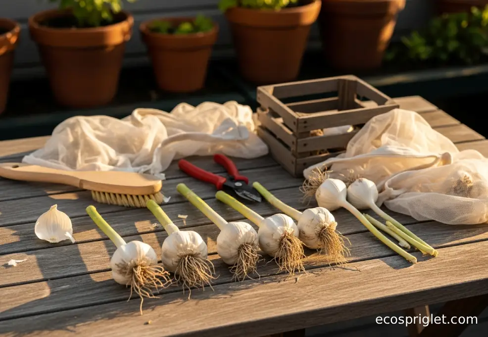 Cured garlic bulbs being brushed clean and trimmed on a wooden table with mesh bags and a small storage crate nearby.