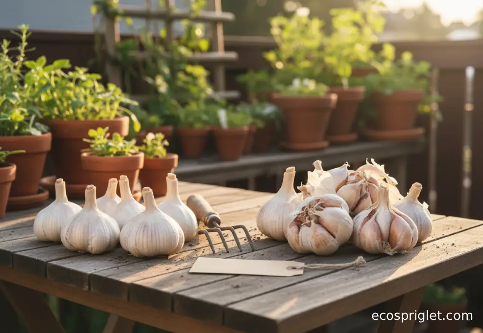 Overripe garlic bulbs with split wrappers beside properly harvested bulbs on a terrace table, showing the difference in papery skin quality.