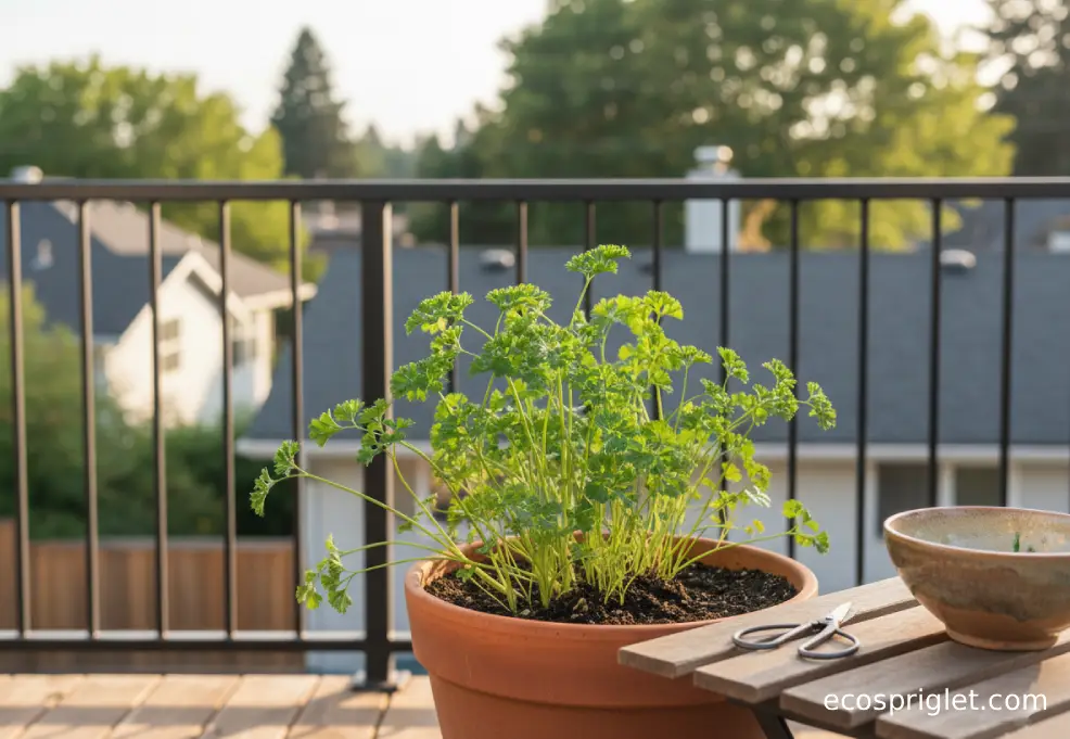 Close-up of parsley in a terracotta pot with outer stems ready to snip near the soil line.