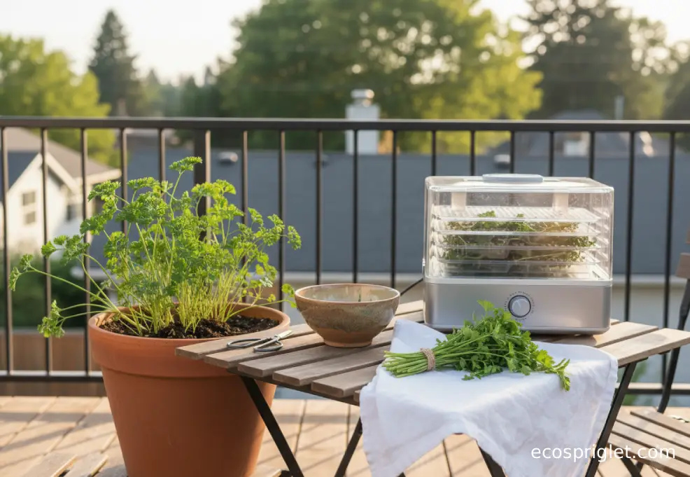 Parsley bundles and a compact dehydrator on a terrace table ready for drying herbs.