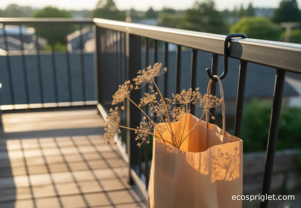 Parsley seed heads drying upside down inside a paper bag on a terrace hook.