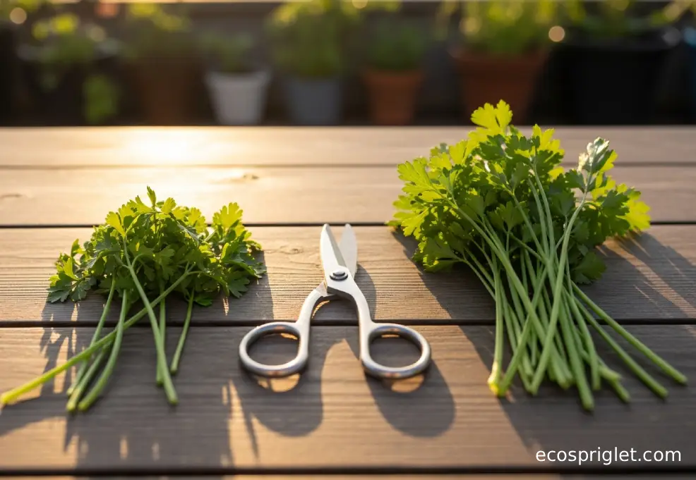 Two piles on a table showing wrong parsley leaf-tip harvest versus correctly cut full stems with scissors between them.
