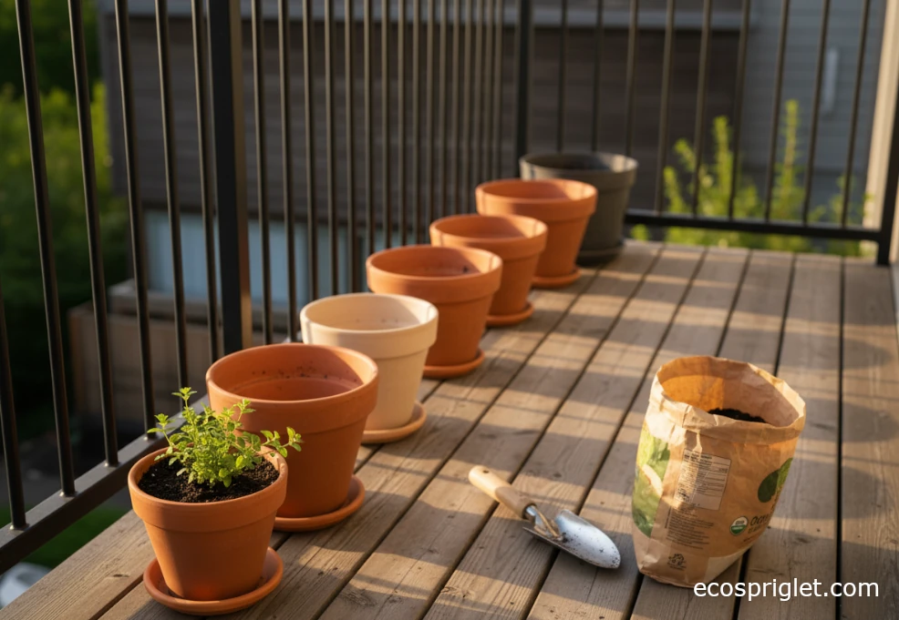 Row of different-sized balcony pots with one planted with young oregano.