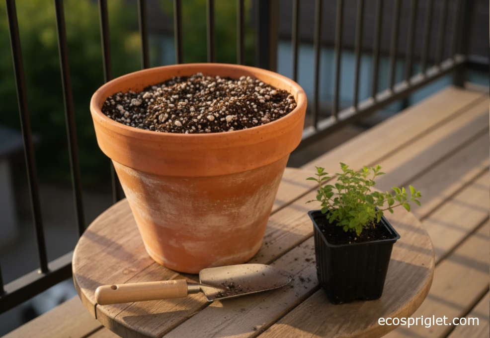 Terracotta pot being filled with gritty potting mix next to a small oregano plant.