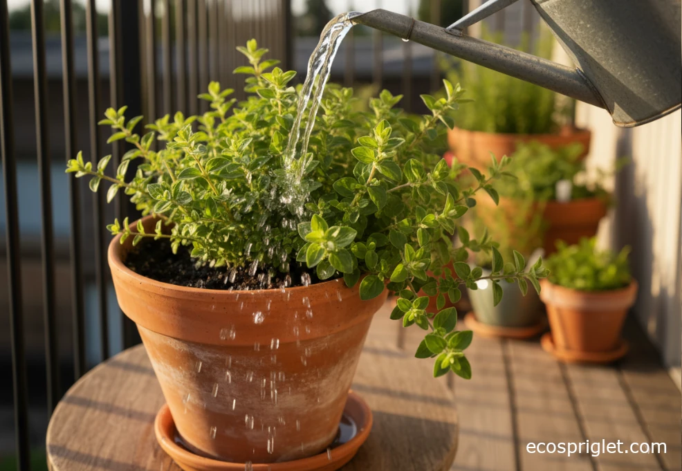 Watering can lightly watering a potted oregano plant on a balcony.