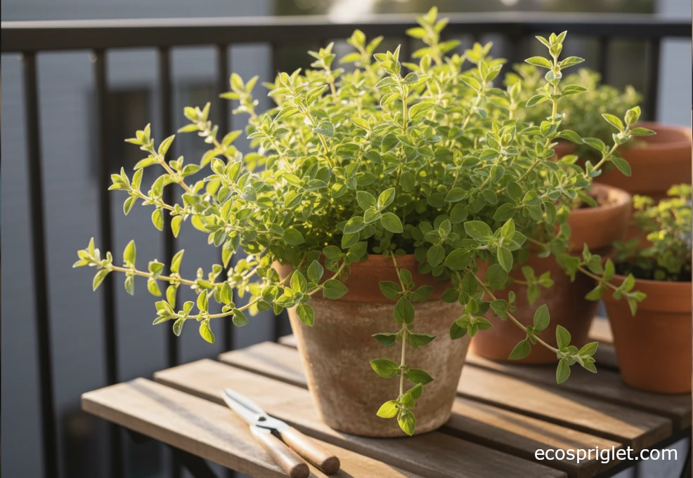 Close view of oregano stems in a pot, ready to be pinched above a leaf pair.