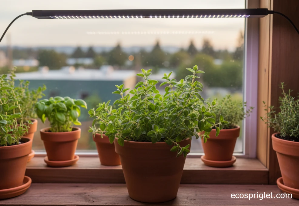 Potted oregano on an indoor windowsill under a grow light.