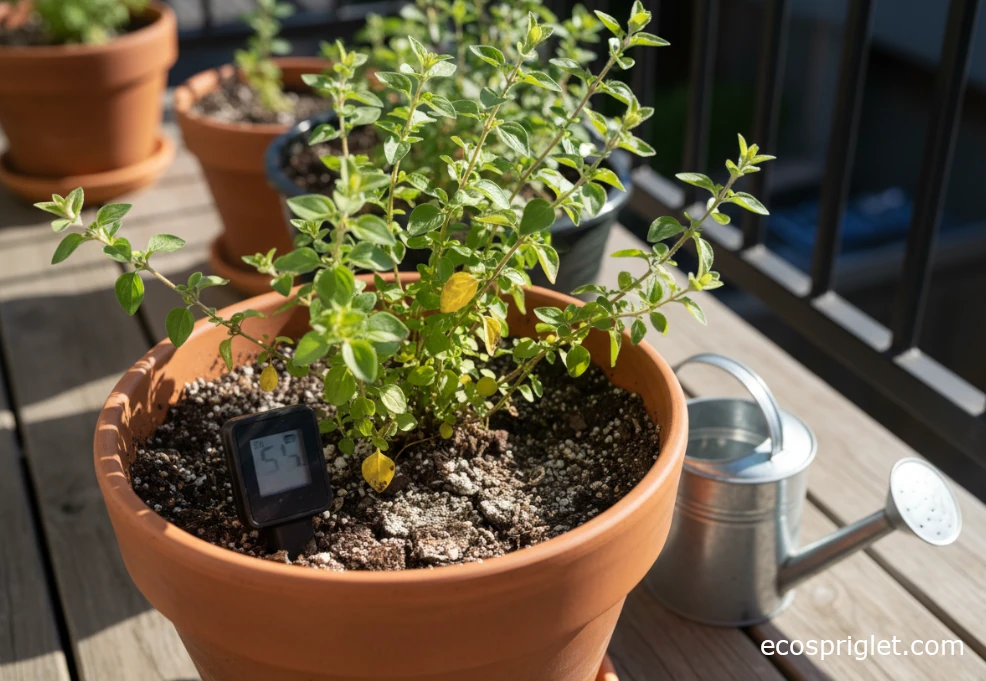 Potted oregano with some yellow leaves and dry soil, showing stress.